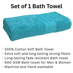 Stamio Cotton Bath Towel 600 Gsm | Two Ply Combed, Extra Soft & Absorbent Large Full Size Towels For Bathing, Home, Sports, Salon, Hotel Use (Turquoise Green)