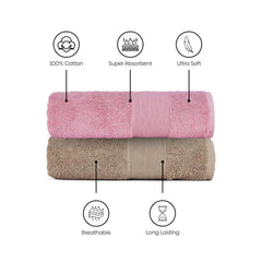 Haus & Kinder Harmony Combed Bath Towel 500 Gsm | Cotton Towel For Men, Women | Towels For Gym, Spa | Pink & Taupe (Pack Of 2)