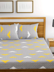 Printed Queen Size Bedsheet Two Pillow Cover - 88 X 96 Inches, Grey & Yellow | Soft & Comfortable Sleep Experience | 144 Thread Count