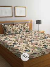 Printed Bedsheet Queen Size With 2 Large Pillow Cove | Size 60x78x10 Inches, Beige - 300 Thread Count Cotton Feel All Around Elastic Fitted Bedsheet | Breathable & Wrinkle Free