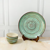 Iris Turquoise Handcrafted Ceramic Dinner Set - 3 Pieces | 1 Dinner Plate + 2 Katori Bowls, 180ml Each Dinnerware Set | Serving For 1, Microwave Safe & Dishwasher Safe