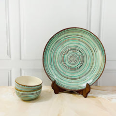 Iris Turquoise Handcrafted Ceramic Dinner Set - 3 Pieces | 1 Dinner Plate + 2 Katori Bowls, 180ml Each Dinnerware Set | Serving For 1, Microwave Safe & Dishwasher Safe