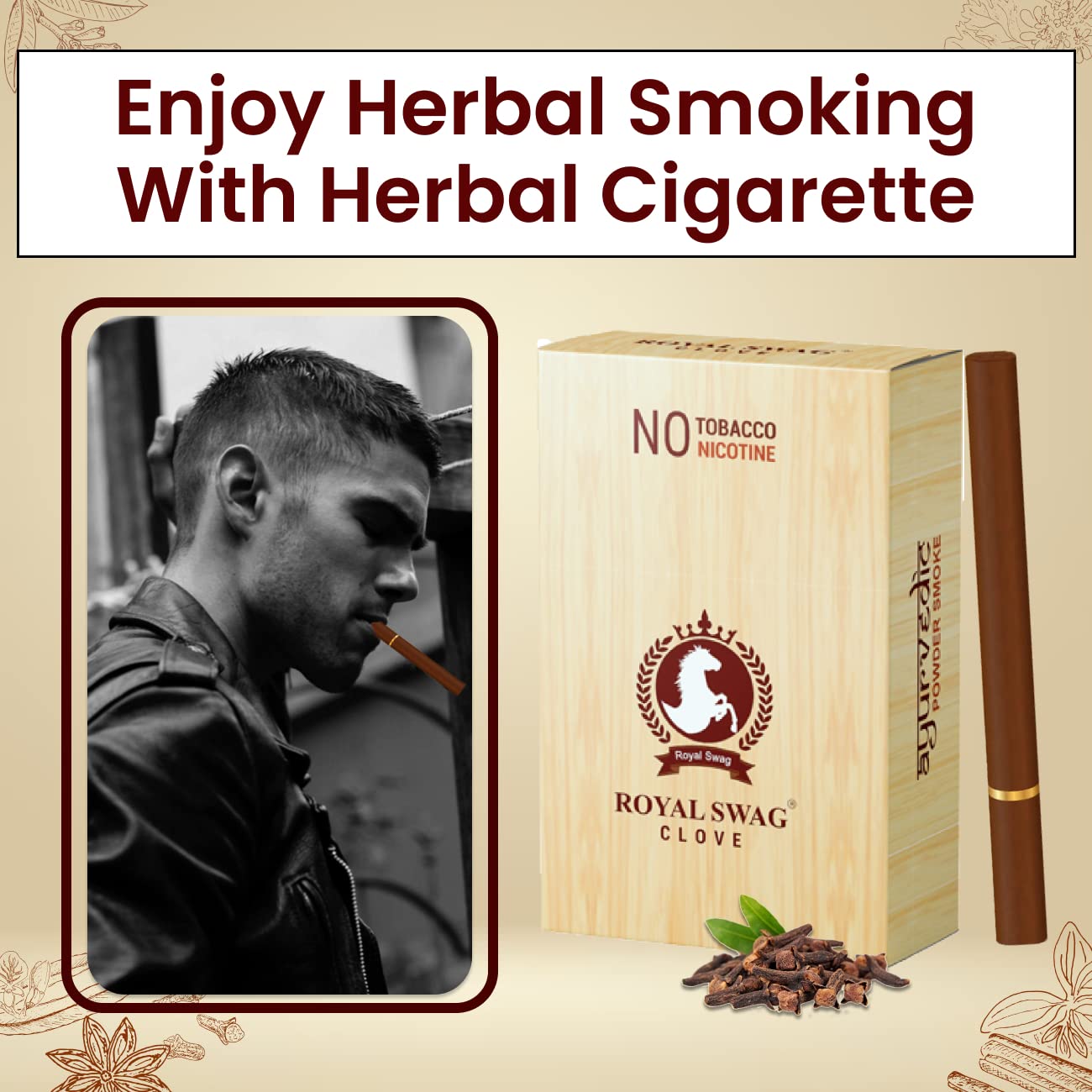Royal Swag Herbal Cigarettes Clove Flavoured 60 Sticks | 100% Tobacco Free & Nicotine Free (Tobacco Alternatives) Herbal Smokes Made With Ayurvedic & Natural Herbs Pack Of 60 Royal Swag Herbal Cigarettes Clove Flavoured 60 Sticks | 100% Tobacco Free & Nicotine Free (Tobacco Alternatives) Herbal Smokes Made With Ayurvedic & Natural Herbs Pack Of 60