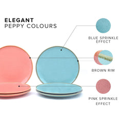 Quarter Plates Set Of 6, Pink & Blue Sprinkle Series | Ceramic Snack Plates - Snacks Plates Set | 3 Pink Plates + 3 Blue Plates - Small Plates With Glossy Finish | Microwave Safe & Chip Resistant