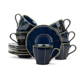 Ceramic Line Cup & Saucer Set Of 6 - Blue Green, 180ml Each | Cup Saucer Set - 6 Cups + 6 Saucers | Glossy Finish Tea Set - Ceramic Tea Cup & Saucer Set