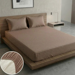 Beige Stripe Elastic Fitted Double Bedsheet (72x78 Inches) With 2 Pillow Covers | Soft To Touch & Comfortable | 300 Thread Count