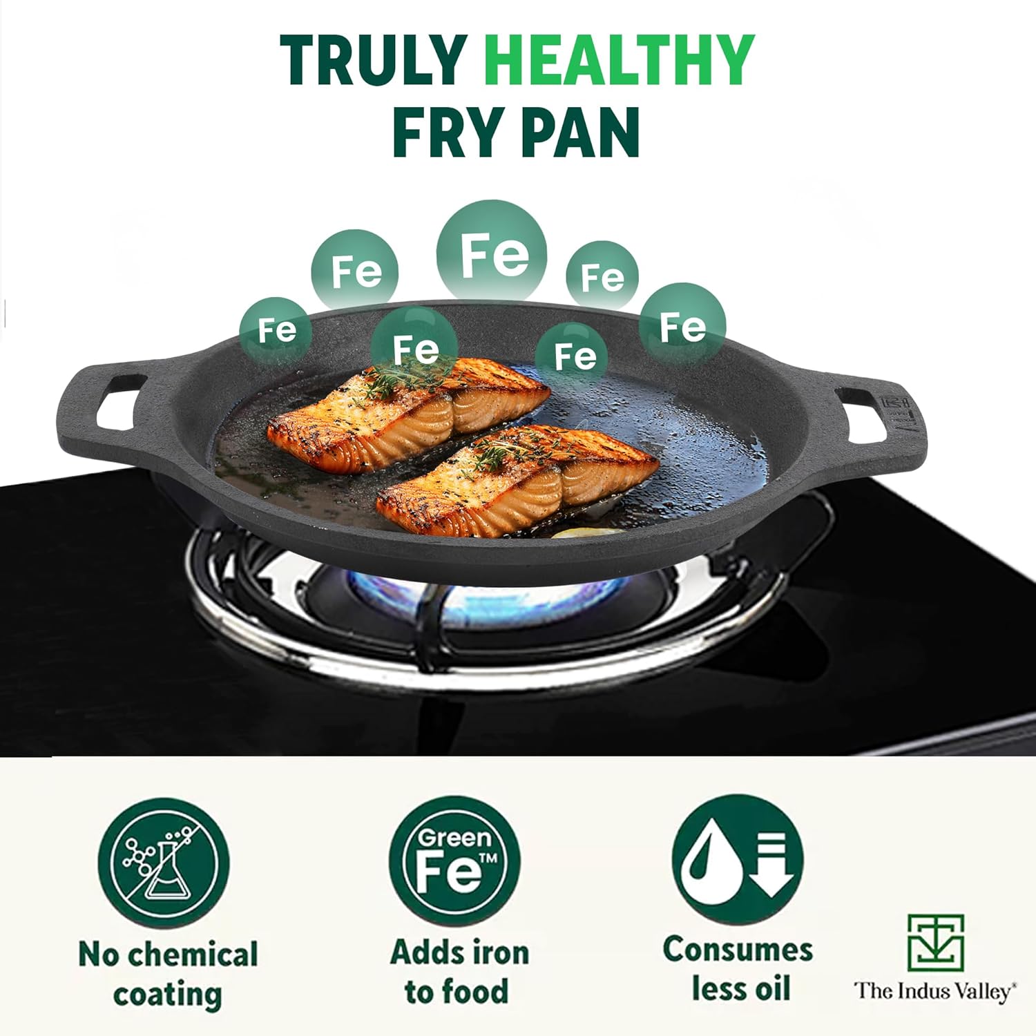 Pre-Seasoned Black Cast Iron Fish Fry Pan With Double Handle - Medium 25 Cm, 9.8 Inch, 2 Kg | Induction Friendly, Nonstick Fish Fry Pan, 100% Pure & Toxin Free, No Chemical Coating Pre-Seasoned Black Cast Iron Fish Fry Pan With Double Handle - Medium 25 Cm, 9.8 Inch, 2 Kg | Induction Friendly, Nonstick Fish Fry Pan, 100% Pure & Toxin Free, No Chemical Coating