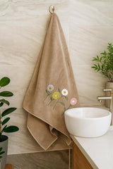 Divyam Floral Embroidered Bath Towel 350 Gsm | Premium Soft Microfiber Quick-Dry, Lightweight & Absorbent Towel With Pastel Daisy Design (Light-Taupe)