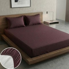 Brown Stripe Elastic Fitted Double Bedsheet (72x78 Inches) With 2 Pillow Covers | Soft To Touch & Comfortable | 300 Thread Count