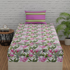 Single Bedsheet Elastic Fitted Cotton With 1 Pillow Cover | 36 X 78 Inches, Pink & Green | Ideal For Home, Guest House, Hotel | Soft & Breathable Fabric