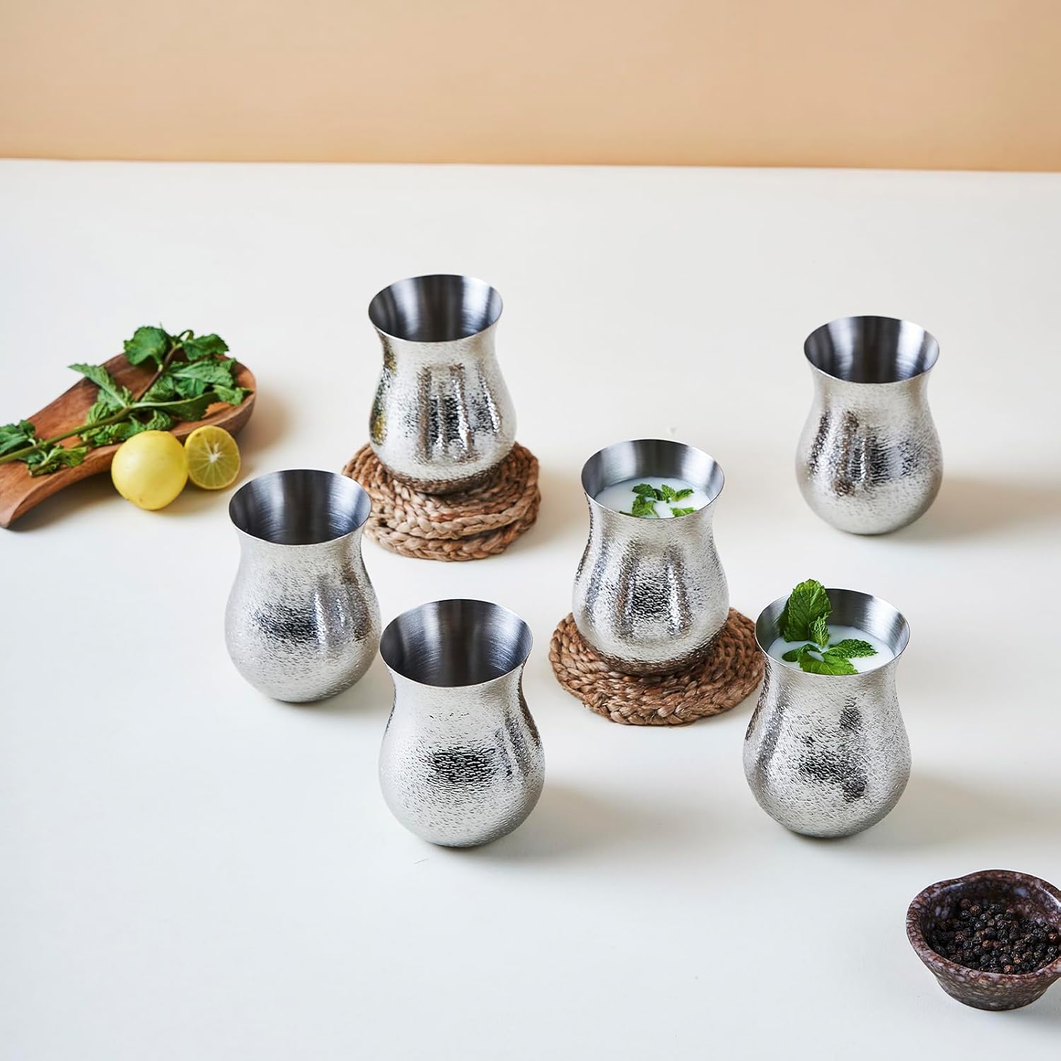 Designer Chrome Stainless Steel Traditional Drinking Glass Set Of 6 - 300ml Each | Corporate Gifting For Diwali - Handcrafted Textures Glass Set | Convenient Multipurpose Water Glasses Designer Chrome Stainless Steel Traditional Drinking Glass Set Of 6 - 300ml Each | Corporate Gifting For Diwali - Handcrafted Textures Glass Set | Convenient Multipurpose Water Glasses