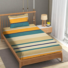 Single Bedsheet With 1 Pillow Covers - 60 X 90 Inches, Beige & Green | Soft Wrinkle Free Breathable Easy Care | 210 Thread Count