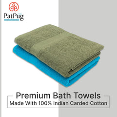 PatPug 100% Indian Ultra Soft Cotton Towel 380 Gsm | Highly Absorbent, Fade Resistant Large Bath Towel (Olive Green & Teal) - Pack Of 2
