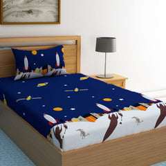 Cartoon Printed Single Bedsheet For Kids With One Pillow Cover - 60 X 90 Inches, Blue & White | 300 Thread Count - Wrinkle Free Soft Perfect For Everyday Use