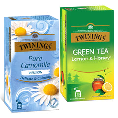 Twinings Lemon & Honey Green Tea + Pure Camomile Tea - Green & Herbal Infusion Two Tea Combo Pack Of 2 | Caffeine Free Herbal Tea For Anxiety & Stress Relief - 25 Teabags Each
