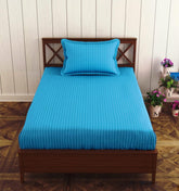 1 Bedsheet Single Satin Stripe Elastic Fitted With 1 Pillow Cover (36 X 78 Inches) Aqua Blue | Lightweight, Soft & Breathable - Perfect For Gifting On Weddings Bedsheet