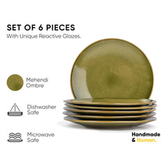 Ceramic Dinner Plates Set Of 6 Pieces, Mehndi Ombre | Ceramic Plates Set - Glossy Finish Plate Set | Premium Stoneware Ceramic Dinner Plates - Microwave Safe & Chip Resistant