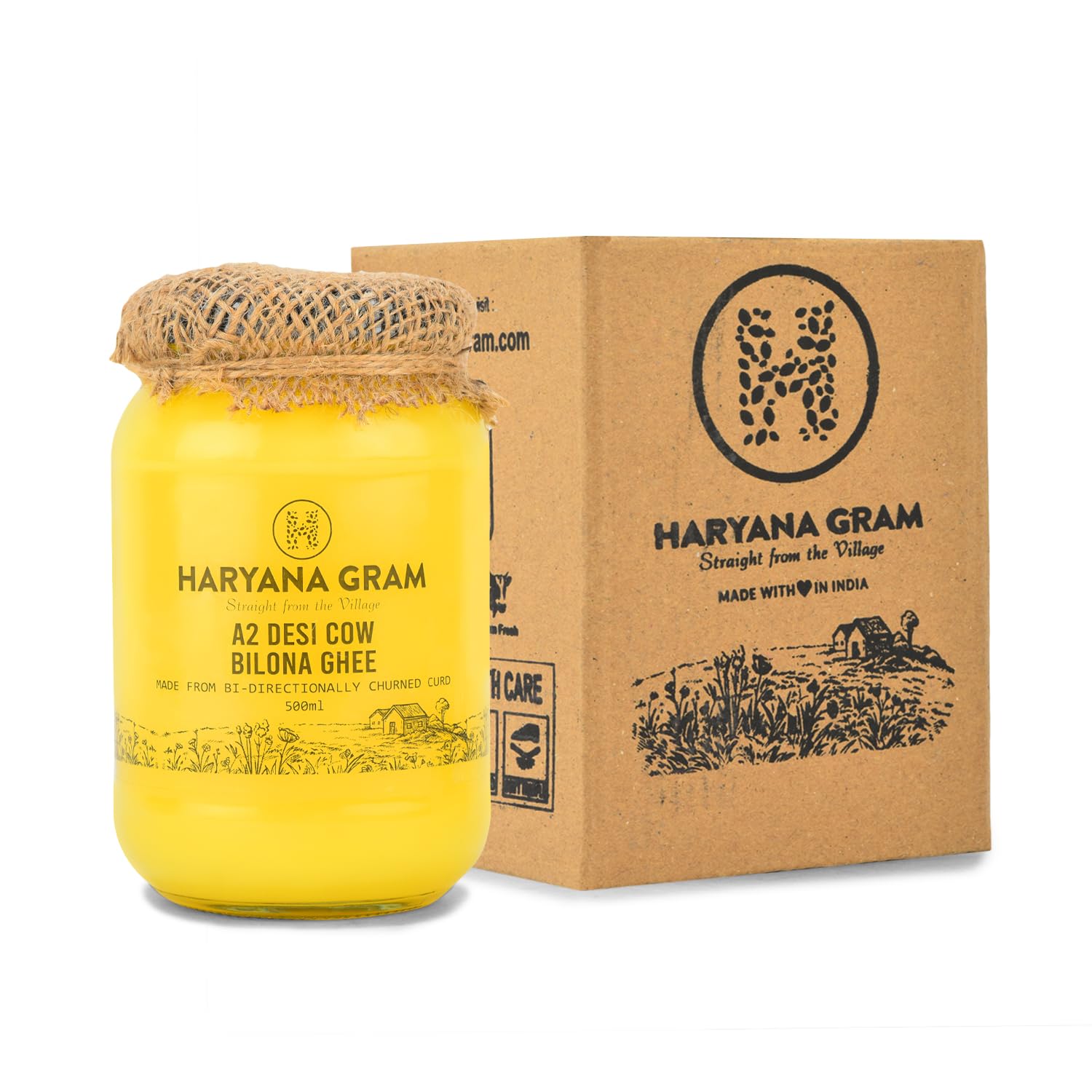 Organic A2 Desi Cow Bilona Ghee With Neem Wood Spoon By Haryana Gram | Rich In Vitamin A, D & Minerals Healthy Desi Ghee | (500ml) 16.9 Ounce | Jar Pack Organic A2 Desi Cow Bilona Ghee With Neem Wood Spoon By Haryana Gram | Rich In Vitamin A, D & Minerals Healthy Desi Ghee | (500ml) 16.9 Ounce | Jar Pack