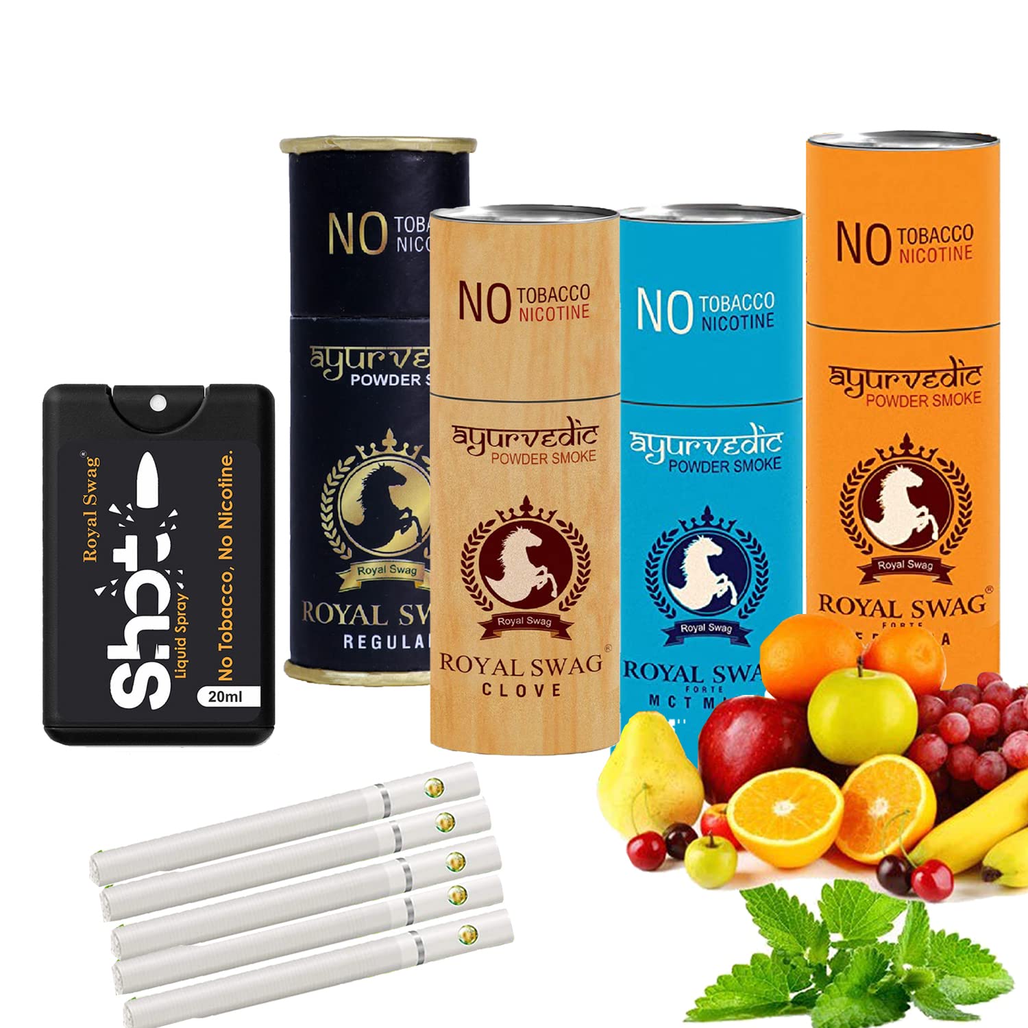 Royal Swag Ayurvedic Herbal Cigarettes 100% Tobacco & Nicotine Free Regular, Clove, Frutta, Mint Flavour (5 Sticks Each) With 20ml Shot Anti Addication Spray | (Pack Of 20) Royal Swag Ayurvedic Herbal Cigarettes 100% Tobacco & Nicotine Free Regular, Clove, Frutta, Mint Flavour (5 Sticks Each) With 20ml Shot Anti Addication Spray | (Pack Of 20)