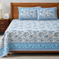 Pure Cotton Double Bedsheet For King Size With 2 Pillow Covers | 90 X 108 Inches, Cream & Sky Blue | Ultra-Soft & Skin-Safe | Breathable Summer Comfort