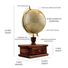 Decorative Spinning World Globe With Seasoned Wood Drawer - Gold Foil Stamp Map, Cream Texture - Elegant Home & Office Decor, Educational Show Piece, Perfect Gift, Pack Of 1