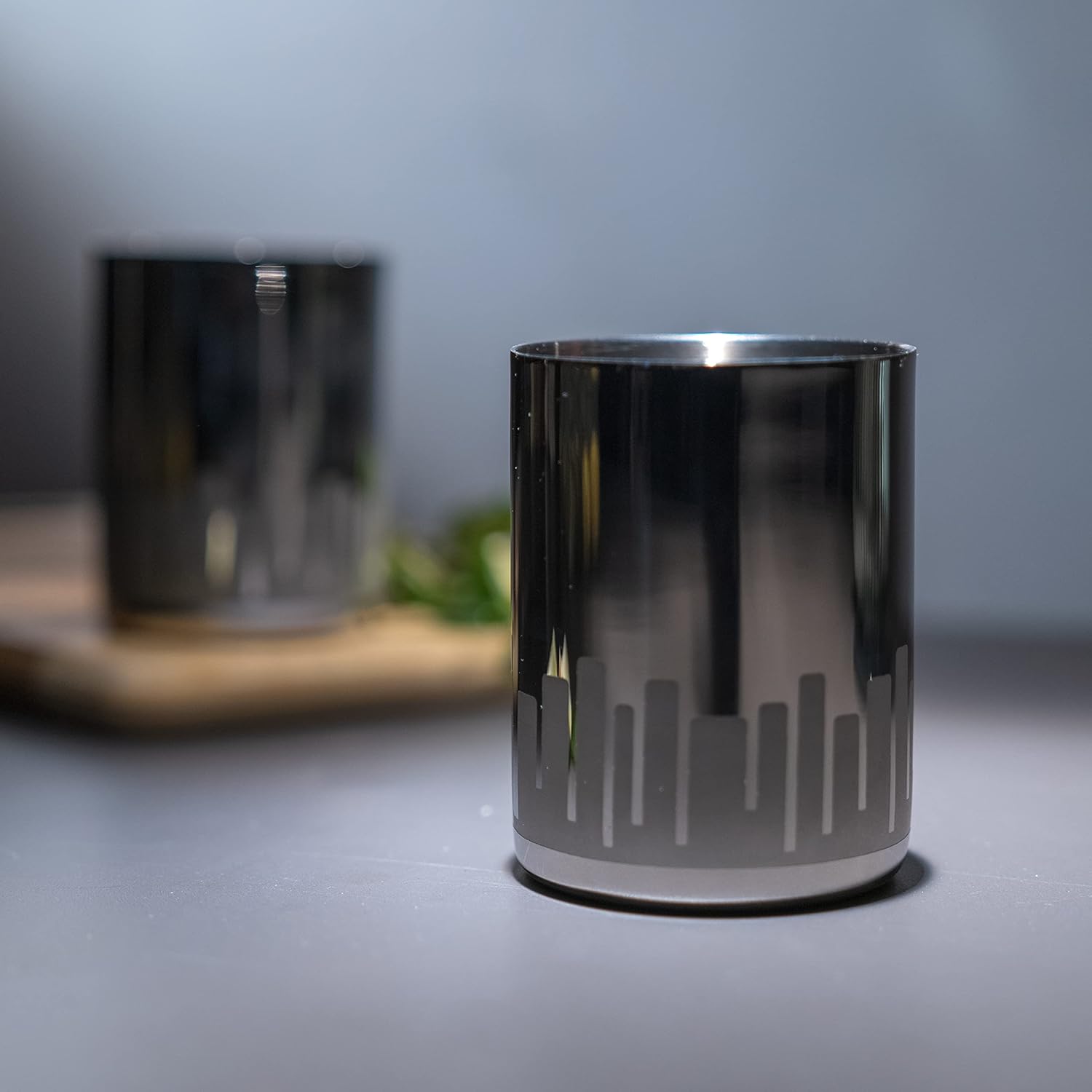 Designer Silver Stainless Steel Drinking Glass Set Of 2 - Cityscapes Pattern, Urban Series | Convenient Water Glasses - Multipurpose Designer Tumbler | Serve Ware & Tableware Designer Silver Stainless Steel Drinking Glass Set Of 2 - Cityscapes Pattern, Urban Series | Convenient Water Glasses - Multipurpose Designer Tumbler | Serve Ware & Tableware