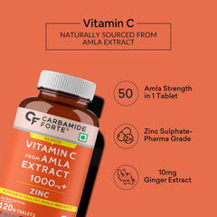 Carbamide Forte Natural Vitamin C Amla Extract With Zinc For Immunity & Skincare | 120 Veg Tablets , 200gm 0.4lbs