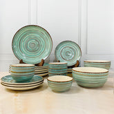 Iris Turquoise Hand Painted Ceramic Dinner Set Of 20 Pieces With Serving Bowls | 6 Dinner Plates + 6 Side Plates+ 6 Katori Bowls, 180ml Each + 2 Serving Bowls, 800ml Each | Serving For 6