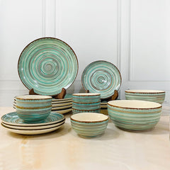 Iris Turquoise Hand Painted Ceramic Dinner Set Of 20 Pieces With Serving Bowls | 6 Dinner Plates + 6 Side Plates+ 6 Katori Bowls, 180ml Each + 2 Serving Bowls, 800ml Each | Serving For 6