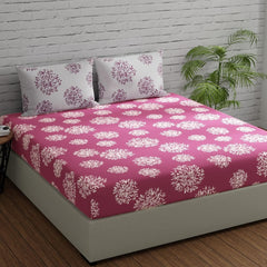 Queen Size Elastic Fitted Bedsheet With 2 Pillow Covers - 60 X 78 Inches, Mauve & White | Perfect Combination For A Stylish Bedsheet