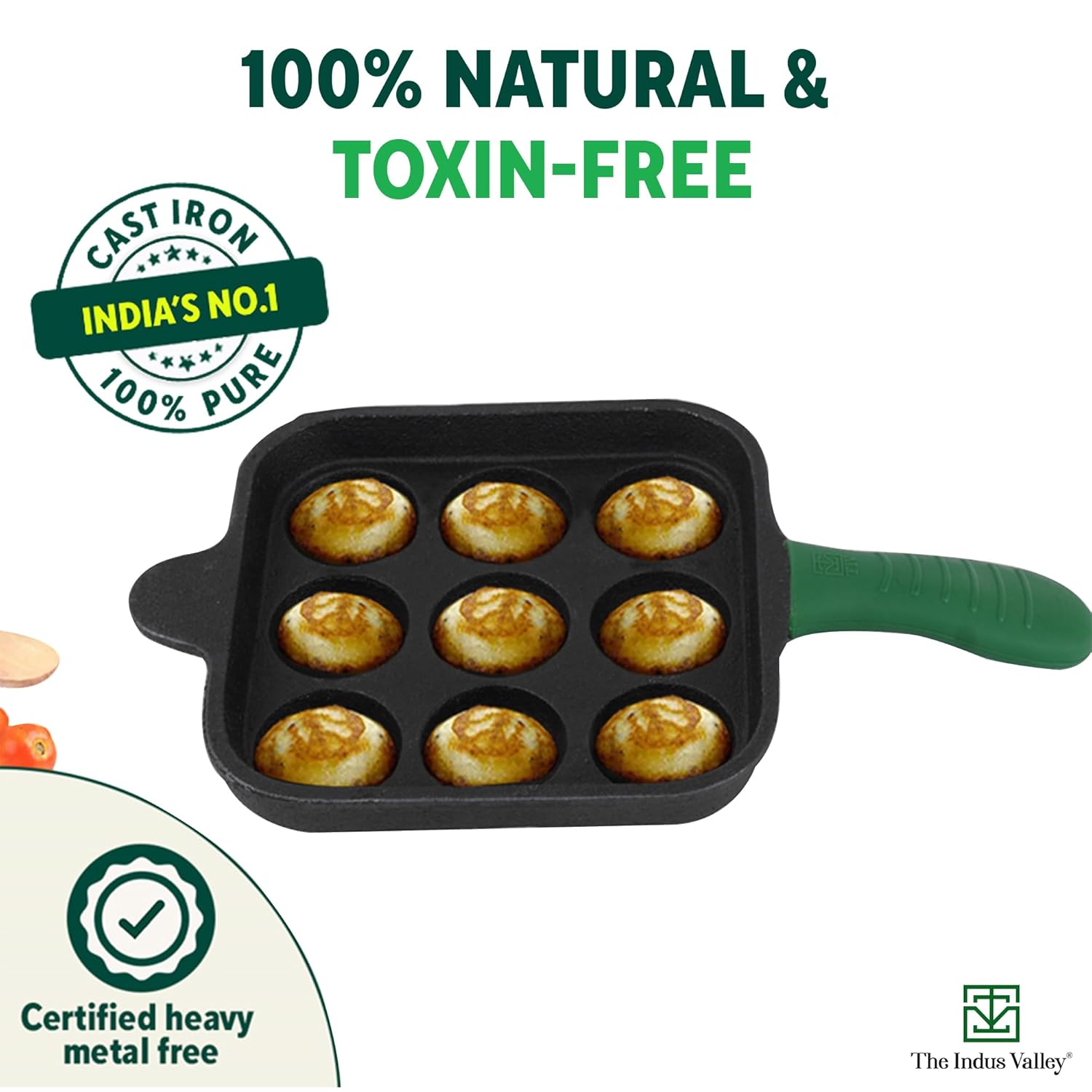 Super Smooth Black Cast Iron Square Paniyaram Pan With Silicon Grip - Small, 9 Pits, 18cm, 7.1 Inch, 2.4 Kg | Nonstick, Pre-Seasoned Appe Or Paddu Pan,100% Pure & Toxin-Free, No Chemical Coating Super Smooth Black Cast Iron Square Paniyaram Pan With Silicon Grip - Small, 9 Pits, 18cm, 7.1 Inch, 2.4 Kg | Nonstick, Pre-Seasoned Appe Or Paddu Pan,100% Pure & Toxin-Free, No Chemical Coating