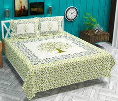 100% Cotton Double Bedsheet With 2 Pillow Covers - 90 X 90 Inches, Light Green | Printed Traditional Rajasthani Jaipuri Pattern Floral Double Bedsheet