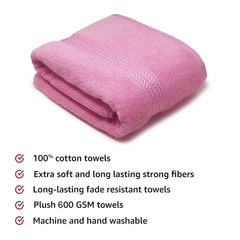 Lukzer Soft 100% Cotton Light Weight Super Absorbant Bath Towel 600 Gsm (Pink)