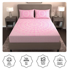 Handloom Printed Double Bedsheet For Queen Size With 2 Matching Pillow Cover | Size 90 X 100 Inches, Light Pink - Cotton Bedsheets For Double Bed | Soft & Smooth