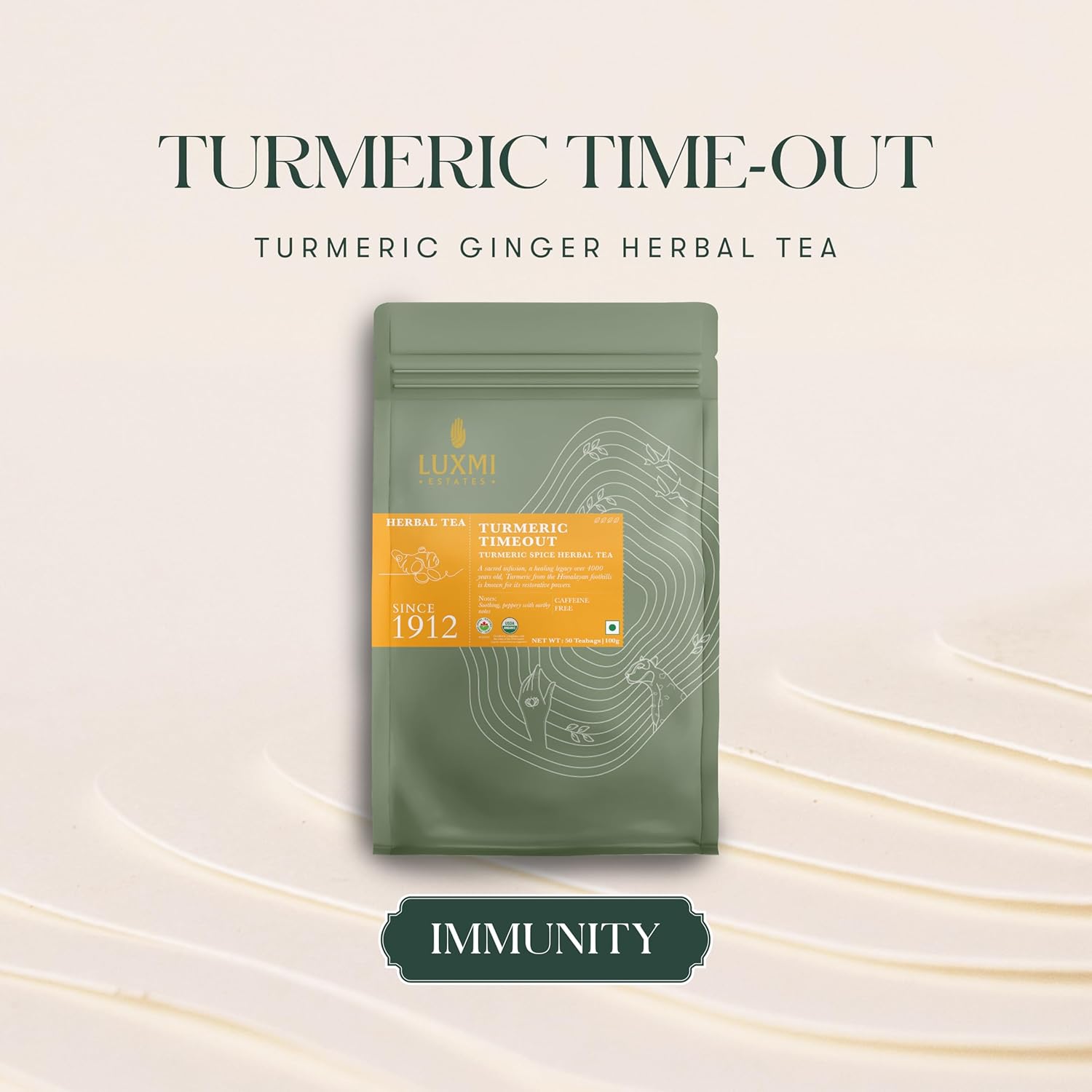 Luxmi Estates Turmeric Timeout Spice Herbal Tea - 100gm, 3.5 Ounce, 50 Tea Bags | USDA Certified Organic Herbal Tea - Caffeine Free Herbal Tea | Made With Turmeric, Ginger, Cardamom, Black Pepper Luxmi Estates Turmeric Timeout Spice Herbal Tea - 100gm, 3.5 Ounce, 50 Tea Bags | USDA Certified Organic Herbal Tea - Caffeine Free Herbal Tea | Made With Turmeric, Ginger, Cardamom, Black Pepper
