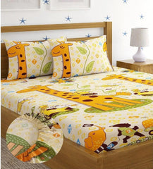 Microfiber Kids Cartoon Elastic Fitted Double Bedsheet With 2 Pillow Covers | 78 X 72 Inches, Yellow | Normal Hand Wash Or Machine Wash