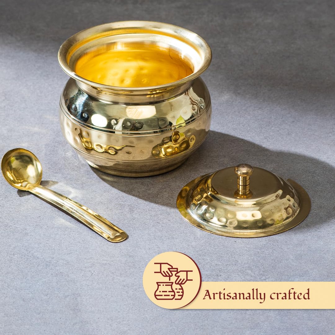Golden Brass Ghee Pot, 250ml - Oil Storage Jar - Oil Pot With Spoon For Kitchen & Dining | 100% Pure Brass & Non-Toxic Golden Brass Ghee Pot, 250ml - Oil Storage Jar - Oil Pot With Spoon For Kitchen & Dining | 100% Pure Brass & Non-Toxic