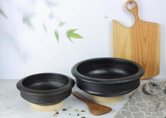 Deep Burned Uncoated Clay Pot Or Mitti Handi Combo With 2 Wooden Spatulas Complimentary Pack Of 2 - Black, 1 + 2 Liters | Pre-Seasoned Mud Pot - Unglazed, Double Fired, Hand Crafted