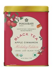 Makaibari Holiday Edition - Apple Cinnamon Loose Leaf Black Tea - 50gm Tin Caddy, 1.7 Ounce | USDA Certified Premium Tea - High Caffeine Black Tea | Anti-Oxidants, Immunity Booster