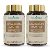 Neuherbs Ashwagandha 1000 Plus Manage Anxiety & Stress Relief Enhanced Absorption & Antioxidants Rich With Vitamin E & B - Complex , Immunity Booster | 60 Tablets 100gm 0.2lbs Each Pack Of 2
