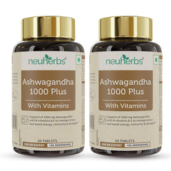 Neuherbs Ashwagandha 1000 Plus Manage Anxiety & Stress Relief Enhanced Absorption & Antioxidants Rich With Vitamin E & B - Complex , Immunity Booster | 60 Tablets 100gm 0.2lbs Each Pack Of 2