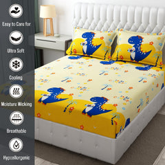 Wrinkle Free Soft Kids Double Bedsheets For King Size With 2 Pillow Cover | 90 X 95 Inches, Cream & Yellow | Cartoon Printed Design | Child Bedroom Decor