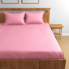 Pure Cotton Satin Stripes Plain King Size Bedsheet For Double Bed With Two Pillow Covers - 90x90 Inches, Baby Pink | Ideal For Daily Use & Gifting Bedsheet