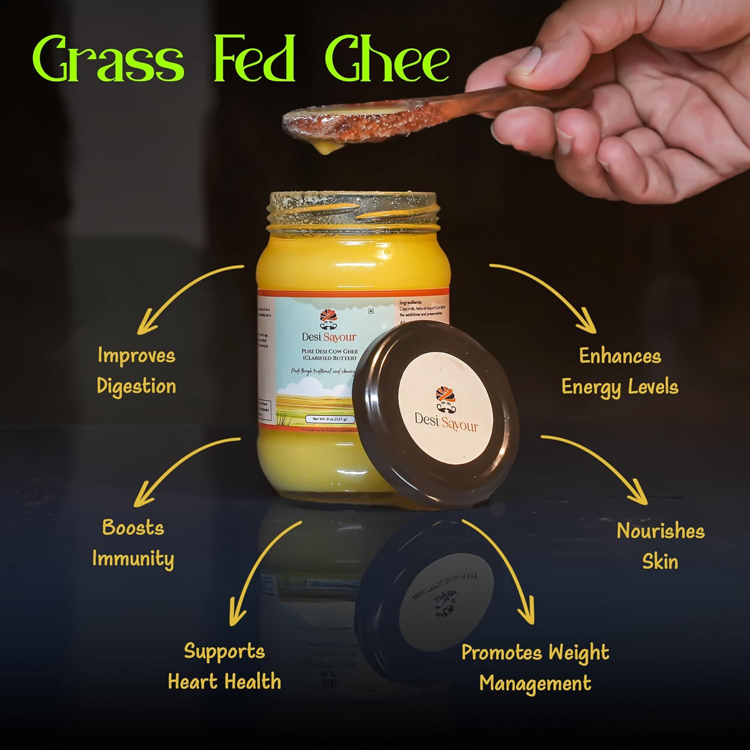 Organic Pure Desi Cow Ghee By Desi Savour | Traditional Vedic Bilona Method Hand Churned Healthy Grass Fed Cow Ghee Good For Garnish | (500ml) 16.9 Ounce | Jar Pack Organic Pure Desi Cow Ghee By Desi Savour | Traditional Vedic Bilona Method Hand Churned Healthy Grass Fed Cow Ghee Good For Garnish | (500ml) 16.9 Ounce | Jar Pack