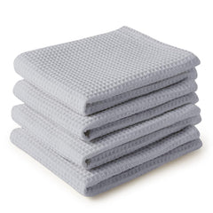 Encasa Xo Kitchen Dish Towels Set 320 Gsm | Waffle Weave & Flat Hand Tea Towel | Quick Drying Reusable Cotton Washcloths | Set Of 4 (Light Grey)