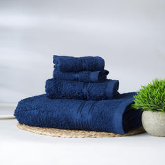 Welspun 100% Cotton Large 1 Bath + 1 Hand & 2 Face Towels 1000 Gsm | Dobby Solid Towel Combo Set (Dark Blue)