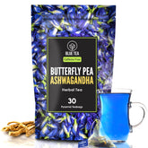Blue Tea Butterfly Pea Flowers Ashwagandha Herbal Tea - 30 Pyramid Tea Bags | Sun Dried Flower Antioxidant Tea - Caffeine Free, Detox Tea | No Added Colors, Aparajita - Shankhpushpi, Zipper Pack