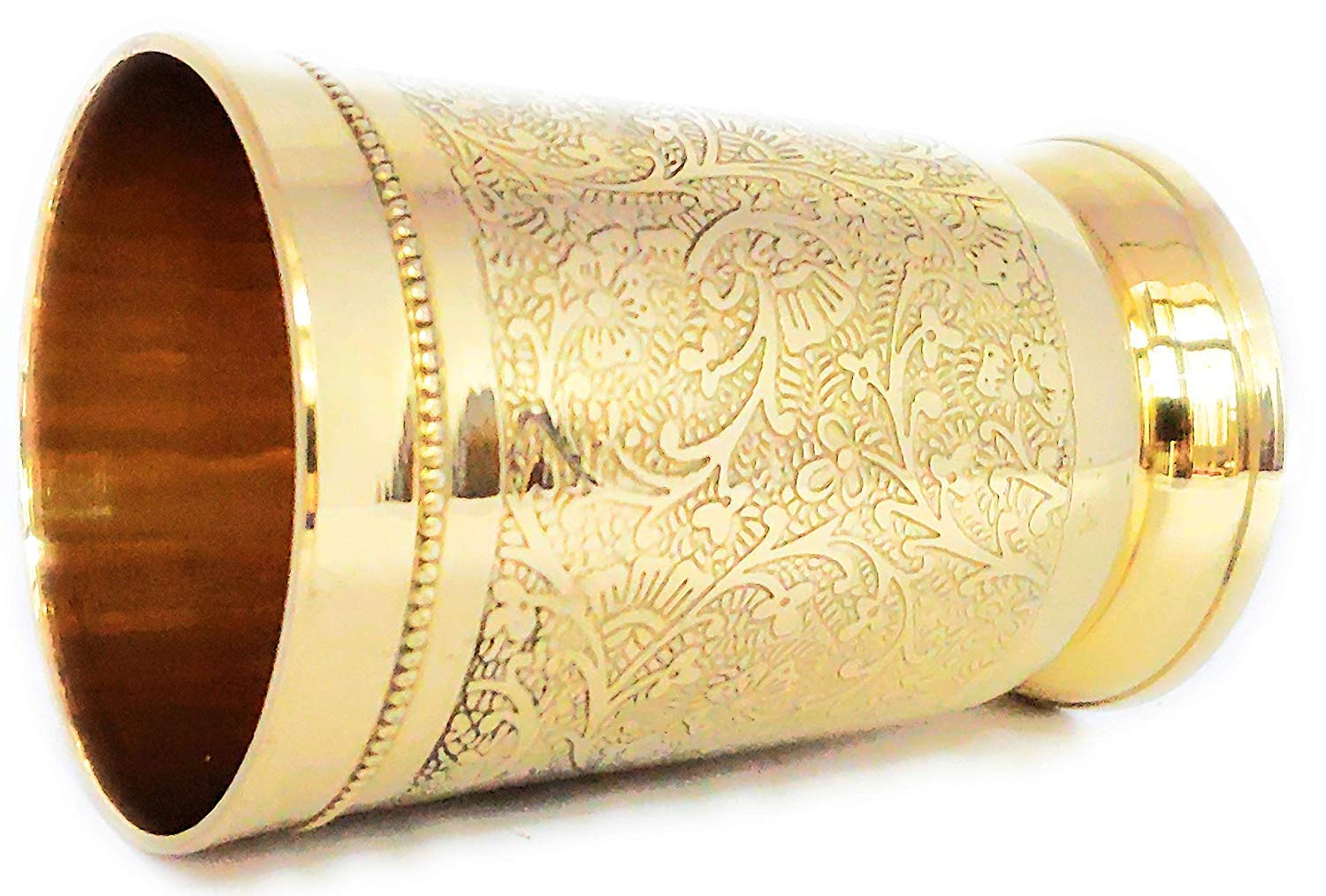Golden Pure Brass Glass Tumbler Set Of 2 - Capacity 250ml Of Each Glass | Mughlai Style Embossed Design Glass Tumblers Golden Pure Brass Glass Tumbler Set Of 2 - Capacity 250ml Of Each Glass | Mughlai Style Embossed Design Glass Tumblers