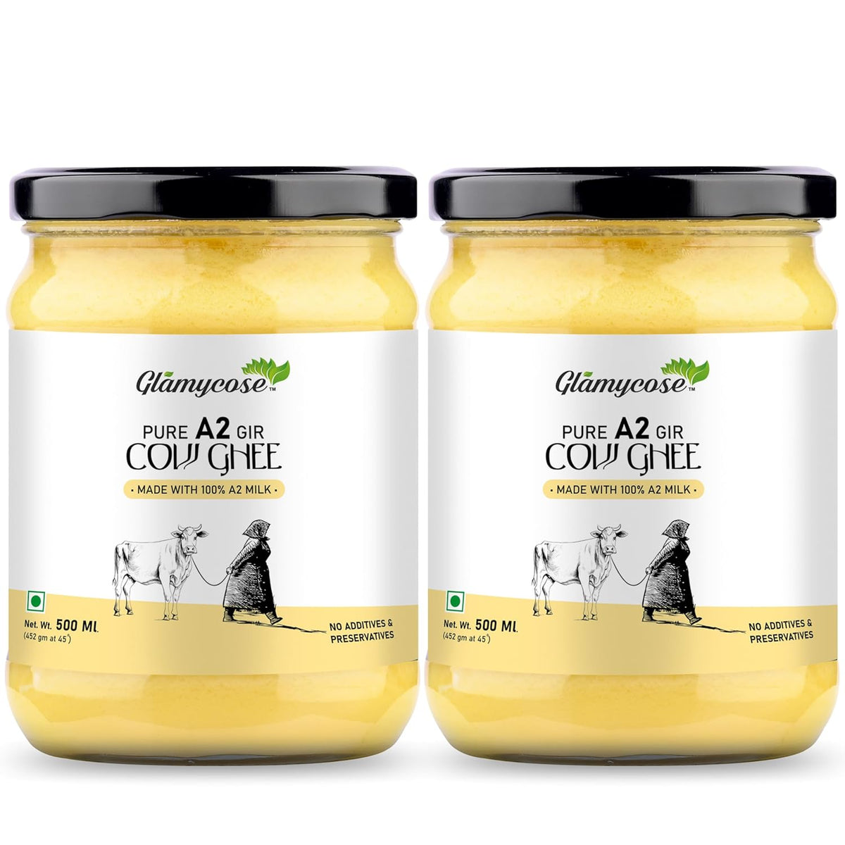 Natural Premium Desi Cow Ghee By Glamycose | High In Protein Fiber Healthy Desi Ghee For Heart Health | 1 Litre (500ml * 2) 33.8 Ounce | Box Pack