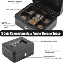 Cash Box Metal Money Box With 4 Bill 5 Coin Cash Tray Coin Compartment And Key Lock, 11.8l X 9.5w X 3.5h Inches, Colour - Black